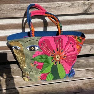 Laurel Burch large tote handbag abstract face and flower pattern bright artsy